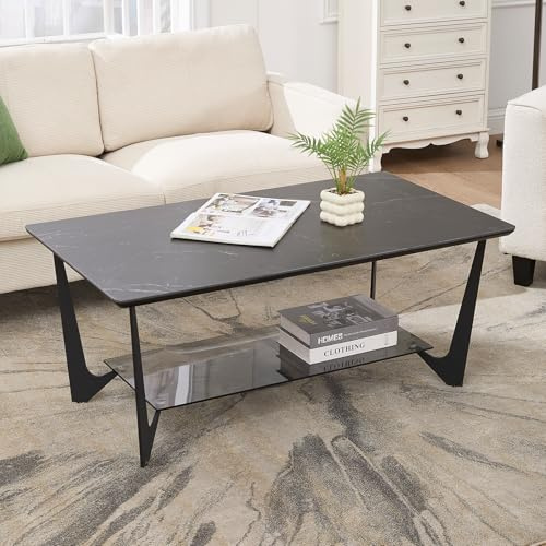 chairus Couchtisch Rechteckig, Marmormuster, 2 Ablagen Stauraum, Schwarz | Moderner Beistelltisch mit stilvollem Marmormuster, 60T × 110B × 46H cm, als Sofatisch für Wohnzimmer/Schlafzimmer/Salon