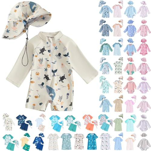 Traje de baño UV para bebé con sombrero para el sol UPF 50+ ropa protectora con cremallera UV traje de manga larga dibujos animados de una pieza unisex traje de baño para niños niñas, #A01 Blanco, 2-3