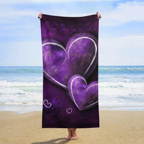 QMNBTES Toallas de playa de gran tamaño de 63 x 31.5 pulgadas, de secado rápido, con corazones morados, toallas de baño sin arena, toalla turca de viaje súper absorbente, toalla turca para adultos