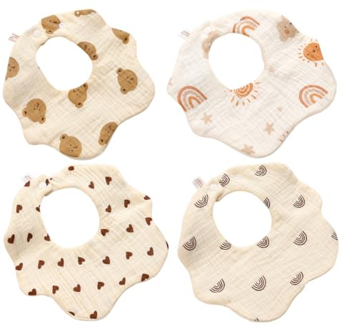 SGERUFZ Baby Lätzchen 4er Pack 6 lagige Dreieckstücher, Baby Blütenform Schal, Halstuch, Spucktücher, Mulltücher für Zahnen und Sabbern, 4 verschiedene Muster Designs