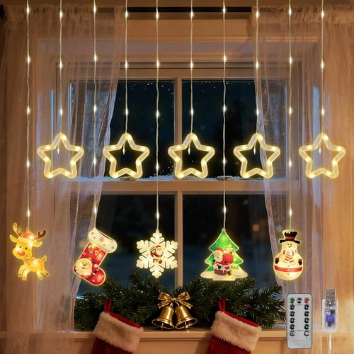 Foneso LED Curtain String Lights with Stars & Cute Cartoon Characters, 3M USB Fairy Lights with 8 Modes Remote Control, Decorative Hanging Lights for Bedroom, Window, Spring, Wedding and Party Decor