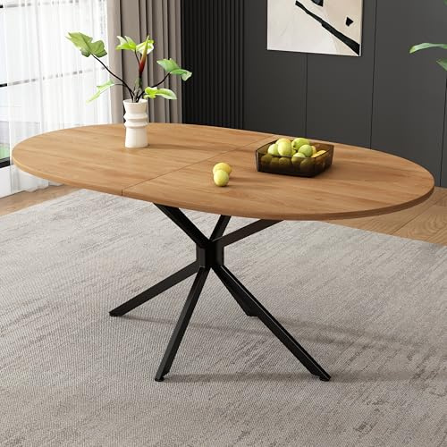 OKMYHOME Ovaler Esstisch mit gekreuzten Beinen aus schwarzem Metall, Tischplatte MDF marmoriert, 120 x 80 x 75,5 cm – Natur