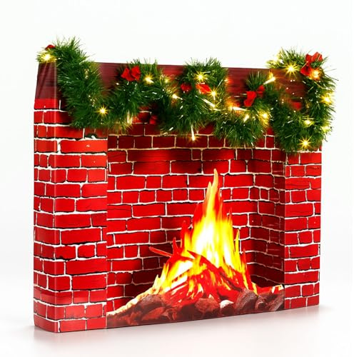 Feifeiya El juego de decoración de chimenea de Navidad de 24.4 x 19.7 pulgadas incluye chimenea de cartón rojo 3D, guirnalda verde de 10 pies, tira de luces LED, lazos rojos para decoración de Navidad