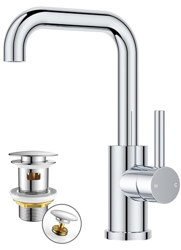 FORIOUS Wasserhahn Bad Hoch 360°Drehbar,Edelstahl Waschtischarmatur Chrom | mit Ablaufgarnitur,Warm/Kaltwasser Mischbatterie,Auslaufhöhe 195 mm,Einfache Montage für Waschbecken im Bad