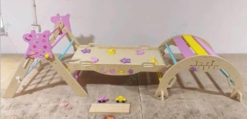 DREAMADE 9-in-1 Montessori Kletterdreieck Set mit Rutsche, Kletterbogen aus Holz mit Netz für Kleinkinder ab 1 Jahre, Kletterspielzeug, Indoor Klettergerüst für Kinderzimmer (Lila,Einhorn-3er Set)