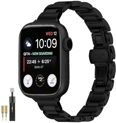 NINKI remmar för Apple Watch 42 mm 46 mm, lyxiga metalliska länkarmband med justerbart spänne, elegant rostfritt stål länkrem metall ersättningsband för iWatch serie 11, 46mm, Rostfritt stål