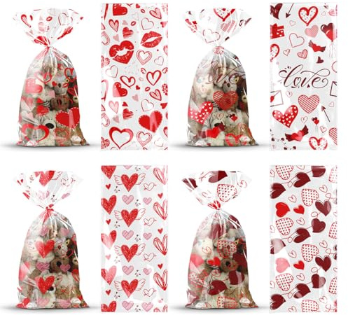 50 Stück Tütchen, Zellophantüten mit roten Herzen, Kleine Tütchen, Plätzchentüten, Zellophantüten für Party, Muttertag, Valentinstag, Geburtstag, Hochzeit, für Kekse und Geschenke(27.5 * 12.5cm)