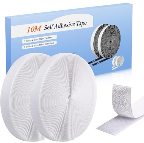 Hook and Loop Tape Self Adhesive10m x 20mm, White Heavy Duty Sticky Back Fastening Tape Strips, No Residue Removable Mounting Tape for Picture Hanging, Carpet, Curtains, Home Office & DIY