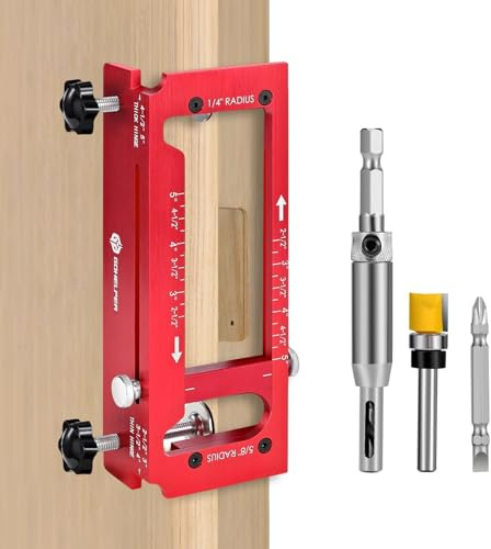 Door Hinge Jig, Aluminum Alloy Router Hinge Template Jig Kit for Woodworking, Adjustable Hinge Mortise Jig for Door & Cabinet Installation, Fits 2.5 to 5 Hinges, 1/4 & 5/8 Radius, Square Corner