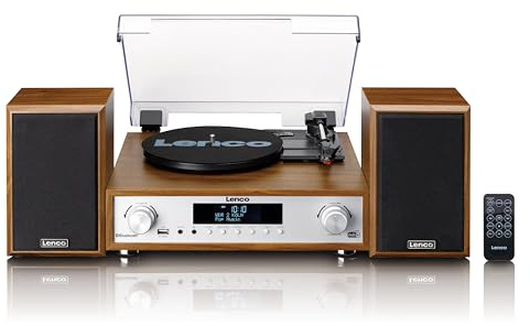 Lenco MC-160WD Stereo System with Turntable, Bluetooth 5.0, DAB+/FM Radio, Belt Drive, Direct MP3 Encoding to USB, Wooden External Speakers (Wood)