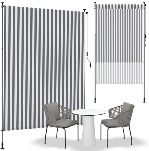 YRHome Toldo vertical de 120 x 310 cm, impermeable y protección UV, toldo vertical con manivela sin agujeros, protección visual, extensible para jardín, terraza, balcón (rayas gris-blancas)