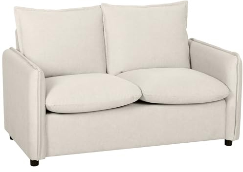 HOMCOM Divano 2 Posti Imbottito in Tessuto Effetto Pelle Traspirante, Divanetto da Salotto con Imbottitura Spessa, 2 Cuscini, Braccioli, Facile Montaggio, per Soggiorno, Salotto, 131x73x80 cm, Crema
