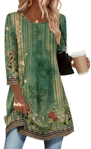 Zeagoo Damtoppar med 3/4 ärm vardagliga tunikablusar eleganta skjortor med rund hals damer blommig topp enkel lång blus S-3XL, A-gul grön blommig, XL