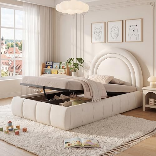 Xwiny Kinderbett 90x200 cm mit Hydraulischer Stauraum, Polsterbett mit Kopfteil, Einzelbett für Kinder und Jugendliche, Samt, Beige-A(Ohne Matratze)