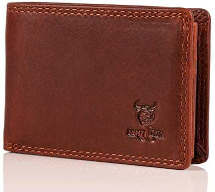 MATADOR Mini Geldbörse Portmonee | Männer Geldbeutel mit RFID Blocker Kleines Portemonnaie Leder | Kleiner Ledergeldbeutel Herren und Damen mit Geschenk-Box | Vintage Braun