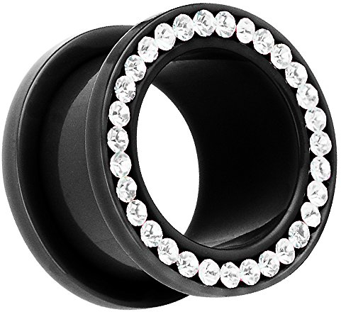 Piersando Flesh Tunnel Ohr Piercing Plug Ohrpiercing Schmuck Schraub Kunststoff mit vielen Zirkonia Steinen am Rand 6mm Schwarz