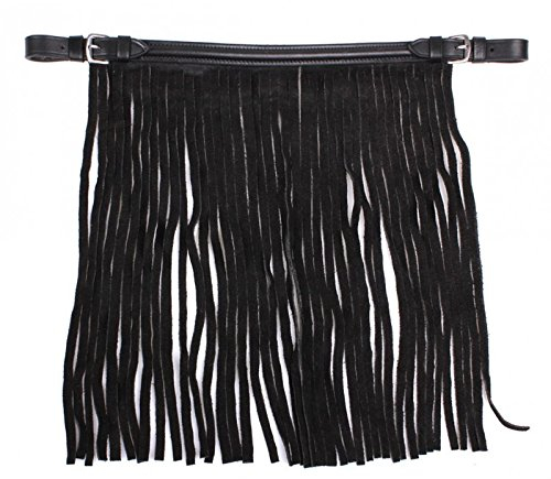 QHP Leder Fliegenfransen schwarz mit Edelstahl Dornschnallen (Vollblut)