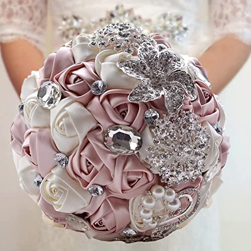 Fouriding Hand Made Diamond Pearl Satin Roses Bridesmaid Bridal Artificial Bouquets Customization Bride Holding Bouquet Wedding for Photo Shooting, Valentine's Day, Birthday,Creystal Pink