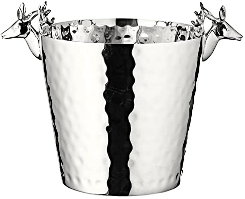 EDZARD Flaschenkühler Enit (H 28 cm, Ø 20 cm), vernickelt, gehämmert | Weinkühler für 1 Flasche, Edelstahl, mit Hirschkopf-Griffen, Sektkühler Hirsch, Champagnerkühler, Jagd Geschenk