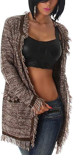 Jela London Damen Cardigan Offene Strickjacke Fransen Taschen kuschelig, Braun 36-40