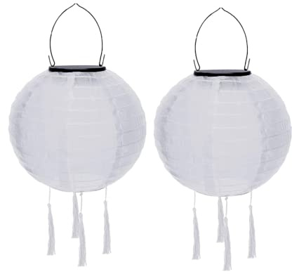 Lampions Außen Wetterfest Solar, LED Solarlaterne Außenlaternen Wasserdicht Solar Lampion mit Quaste Solarlampen Hängende Gartenlaterne Papierlampen Outdoor Ballform Papierlaterne, 20cm (2pcs-Weiß)