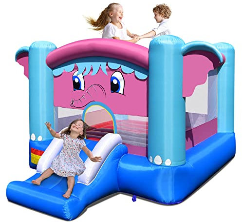 COSTWAY Kids Bouncy Castle, Inflatable Bouncer House with Slide, Basketball Rim, Jumping Area and Carrying Bag, Blow Up Jumper for Indoor Outdoor (Elephant)