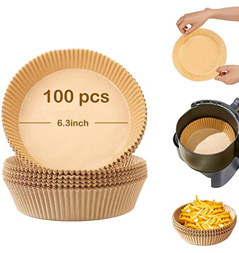 HIUOUIH Papier Cuisson Air Fryer 100 Pièces, Papier Sulfurisé pour Air Fryer Rond 16 cm, Feuilles Jetables en Forme de Coupelle, résistant à l’huile et à l’humidité, 220 °C pour Air Fryer et Four