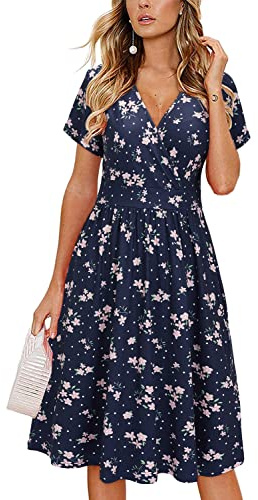 VOTEPRETTY Damas Vestido de Verano Manga Corta Cuello en V Vestido Envolvente Vestido a la Rodilla con Bolsillos