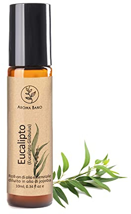 AROMA BANO Roll-On Olio Essenziale Eucalipto 10ml con Olio di Jojoba – 100% Naturale e Puro, Pronto all’Uso – Oli Essenziali Naturali per Aromaterapia, Effetto Fresco e Balsamico, Applicazione Topica