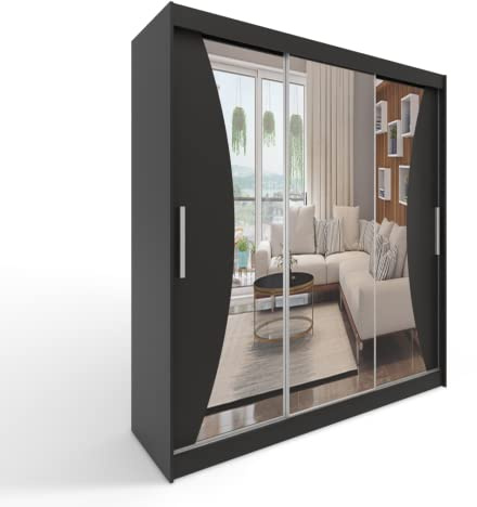 ML Furniture A4 Schiebetüren Kleiderschrank 250 x 215 x 58 cm mit Spiegel - Schlafzimmermöbel, Aufbewahrung - Mehrzweckschrank - Farbe: Schwarz - 3 Schiebetüren