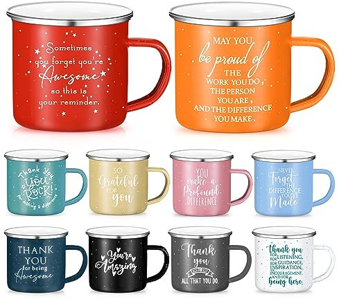 Norme 10 Pcs Thank You Gifts Mugs Employee Appreciation Gifts Bulk for Teacher Nurse Week 12 oz Inspirational Enamel Coffee Cups for Graduation Coworker Team Staff(Classic, Multi-color)