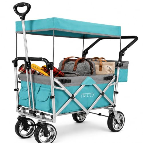 IMLEX Carrello pieghevole con tetto IM-4268, colore turchese, alta stabilità fino a 80 kg, sistema di cinture a 3 punti, carrello pieghevole con maniglia scorrevole, ideale per 2 bambini
