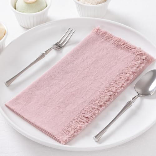 DeZerlor 12 Stück Altrosa Baumwoll-Leinen-Servietten mit Fransen, weiche Boho-Stoffservietten, Set mit 12 handgefertigten Dinner-Servietten, Großpackung für Hochzeit, Braut, Babyparty, den täglichen