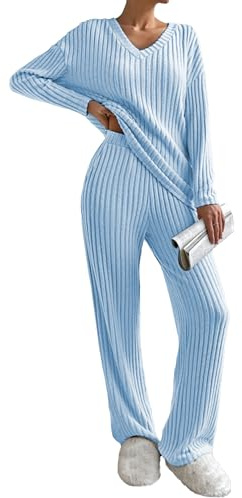 Famulily Pigiama da donna, set da notte da donna, a costine, 2 pezzi, abbigliamento per il tempo libero, abbigliamento da casa, scollo a V, maniche lunghe e pantaloni a gamba larga con tasche, Azzurro