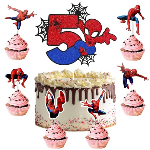25 Stück Cake Topper,7-Jährige Tortendeko,Kuchen Deko,Spiderm Deko Torte,Doppelseitiger Glitter Kindergeburtstag Kuchen Deko für Mädchen Junge Baby