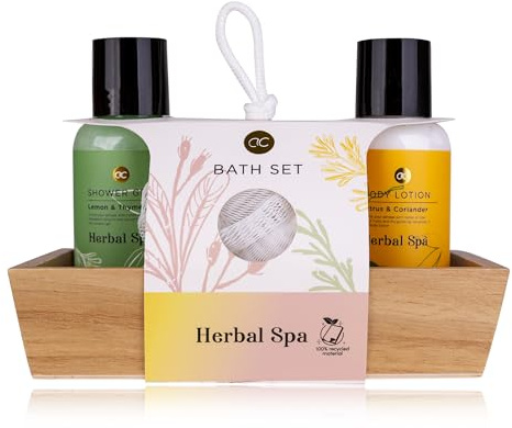 Accentra Geschenksest HERBAL SPA in dekorativer Holzbox, inkl. 100ml Duschgel, 100ml Bodylotion und Netzschwamm - Verpackung (Papier) und Flaschen aus recyceltem Material