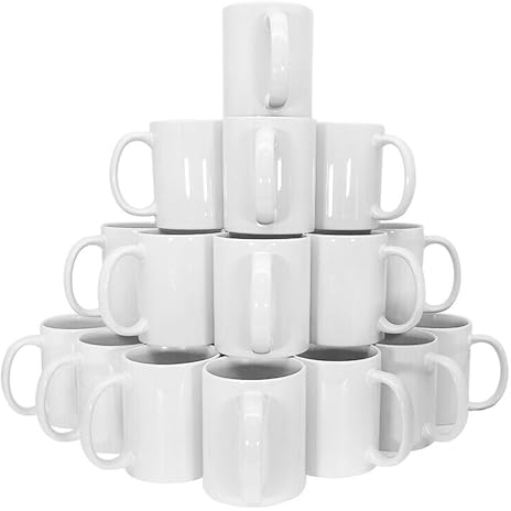 EKAM Sublimation Mugs 11oz Blank Plain White Large Handle Coffee & Tea Mugs - Dishwasher Safe White Ceramic - AAA Grade (12)