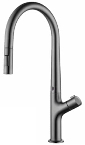Intelligenter Küchenarmatur-Induktionshahn aus Messing in Pistolengrau, ausziehbarer Einzelgriff-Kaltwasserhahn und Doppelsteuerungs-Spültischarmatur mit 2 Funktionen (Color : Brushed Grey)