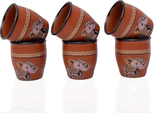 Juego de 6 tazas de café tradicionales hechas a mano de Kulhar Kulhad Chai Tea Cantaritos con acabado brillante, arcilla, terracota, estudio artesanal, cerámica, barro, marrón, apto para alimentos,