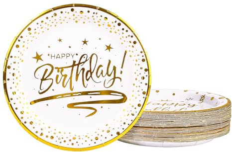 DHAIQC Lot de 50 assiettes en papier blancs bord dorés - 23 cm - Vaisselle de fête pour anniversaire et anniversaire d'enfant