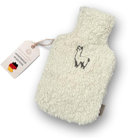 kontor28 - kuschelige Alpaka TEDDY Wärmflasche mit Bezug aus weicher 100% Bio-Baumwolle, handgefertigt Made in Germany, auslaufsicher, geruchlos und schmerzlindernd für Kinder/Erwachsene - 0,8 Liter