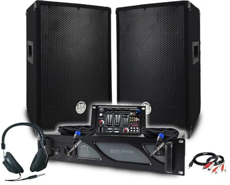Pack Sono DJ BM Bmsonic Amplificador 1000 W, par de altavoces pasivos 2 x 400 W, mesa de mezcla, auriculares DJ, cables y micrófono