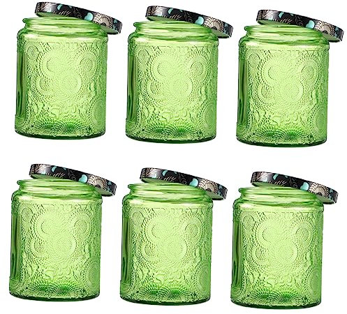 PHENOFICE 6pcs Embossed Glass Candle Jars Set Medium Light Green DIY Candle Cups Aromatherapy Storage Containers for Home Decor and Making