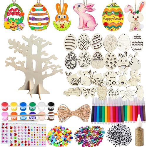 ILMFMY 400 Stück Ostern Basteln Kinder Set| Holzanhänger Ostern zum Bemalen mit Ostereier & Küken Wasserfarbstifte,Strass,Schnur & Aufkleber für DIY Osterdeko– Holzbastelset Geschenk Kinder