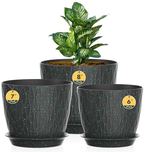 3 Packs Blumentopf mit Bewässerungssystem, 20.3/17.8/15.2cm Pflanzentopf mit Bewässerungssystem, Übertopf mit Untersetzer, Blumentöpfe Set Ideal für Innen und Balkongärten,Schwarz mit grünen Punkten