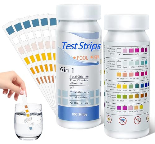 100 Piezas Tiras de Prueba de Agua, 6 en 1 Tiras de Prueba Para Piscina, Tiras de Analisis de Agua para Probar PH, Dureza, Cloro Libre, Alcalinidad, ácido cianúrico, Bromo