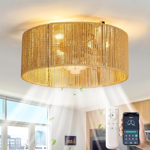 Ventilateur Plafond E27 Vintage Ventilateurs de Plafond avec Lumière et Telecommande Silencieux Fan Plafonnier en Rotin Naturel Tissé Lampe de Plafond 6 Vitesses Moteurs DC Réversibles Ceiling Light