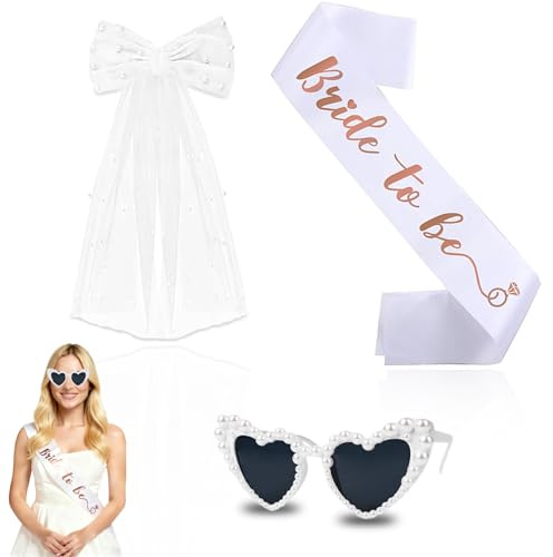 Vimmvid 3 Stück Jga Accessoires Frauen Schleier,Schleier Braut Herz Sonnenbrille Bride to Be Schärpe,Junggesellenabschied Frauen Bride to Be Schleier,jungesellinenabschied Braut