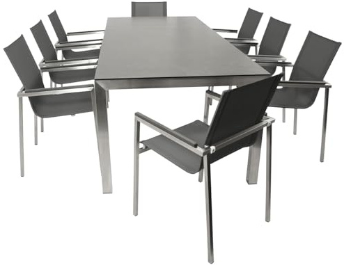 DEGAMO Gartengarnitur Melbourne 9-teilig Edelstahl (8X Stapelsessel Kunstgewebe grau und 1x Ausziehtisch in Keramikoptik 180/240x100cm), Outdoor wetterfest