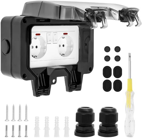 Double prise extérieure IP66 - Résistante aux intempéries - 16 A - Montage en saillie - Avec interrupteur et stylo de test - Prise de contact de protection pour jardin, extérieur et pièces humides